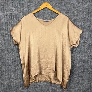 Satin Blouse Top Womens Small Tan Short Sleeve Quiet Luxury Euro Made in USA